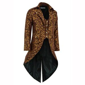 Handmade Men Tail Coat Jacket Gold Brocade Goth Steampunk Victorian Tailcoat